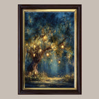 Firefly Lantern Tree Art Print Blue Sky Woodland at Night Magical Fairy Lights Painting,