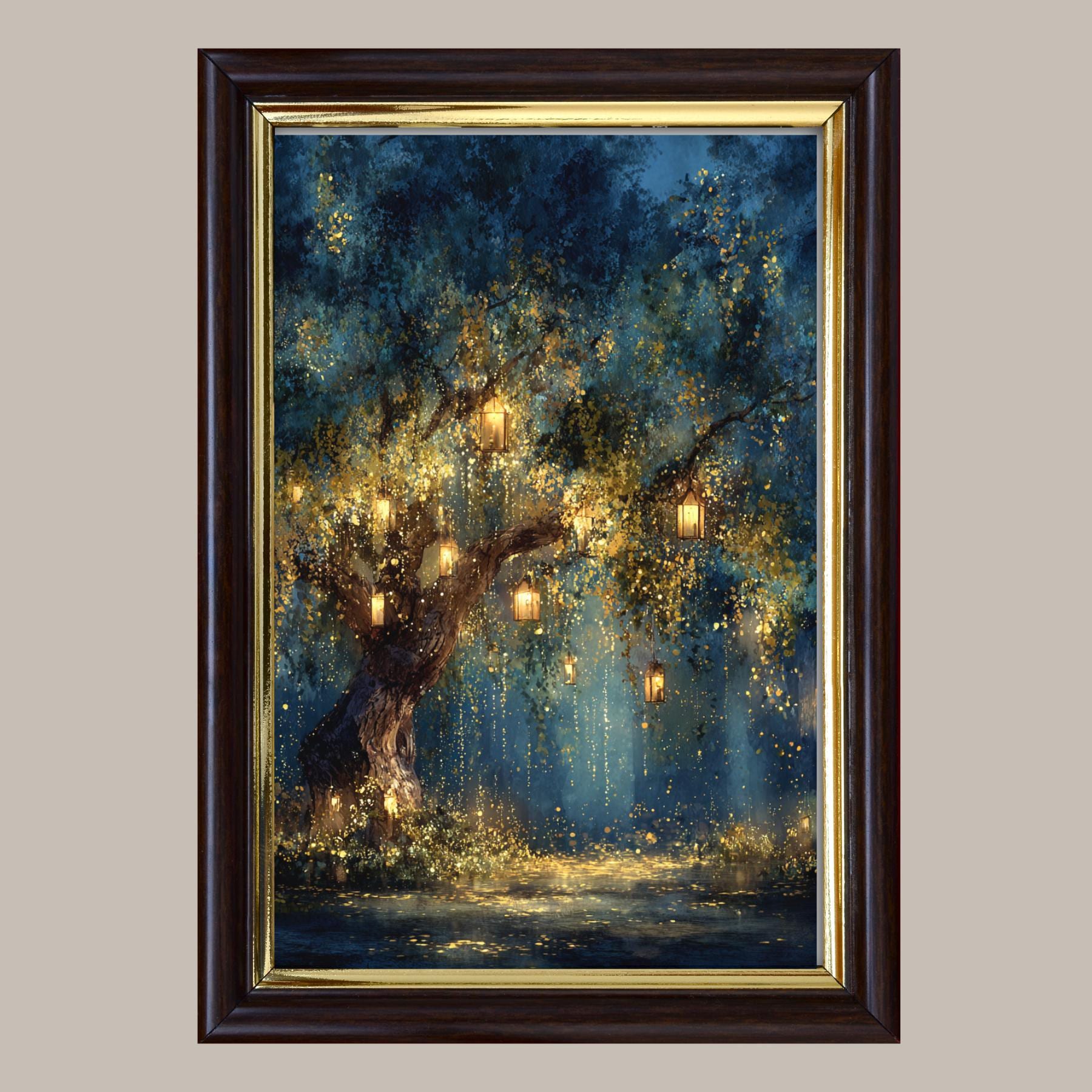Firefly Lantern Tree Art Print Blue Sky Woodland at Night Magical Fairy Lights Painting,