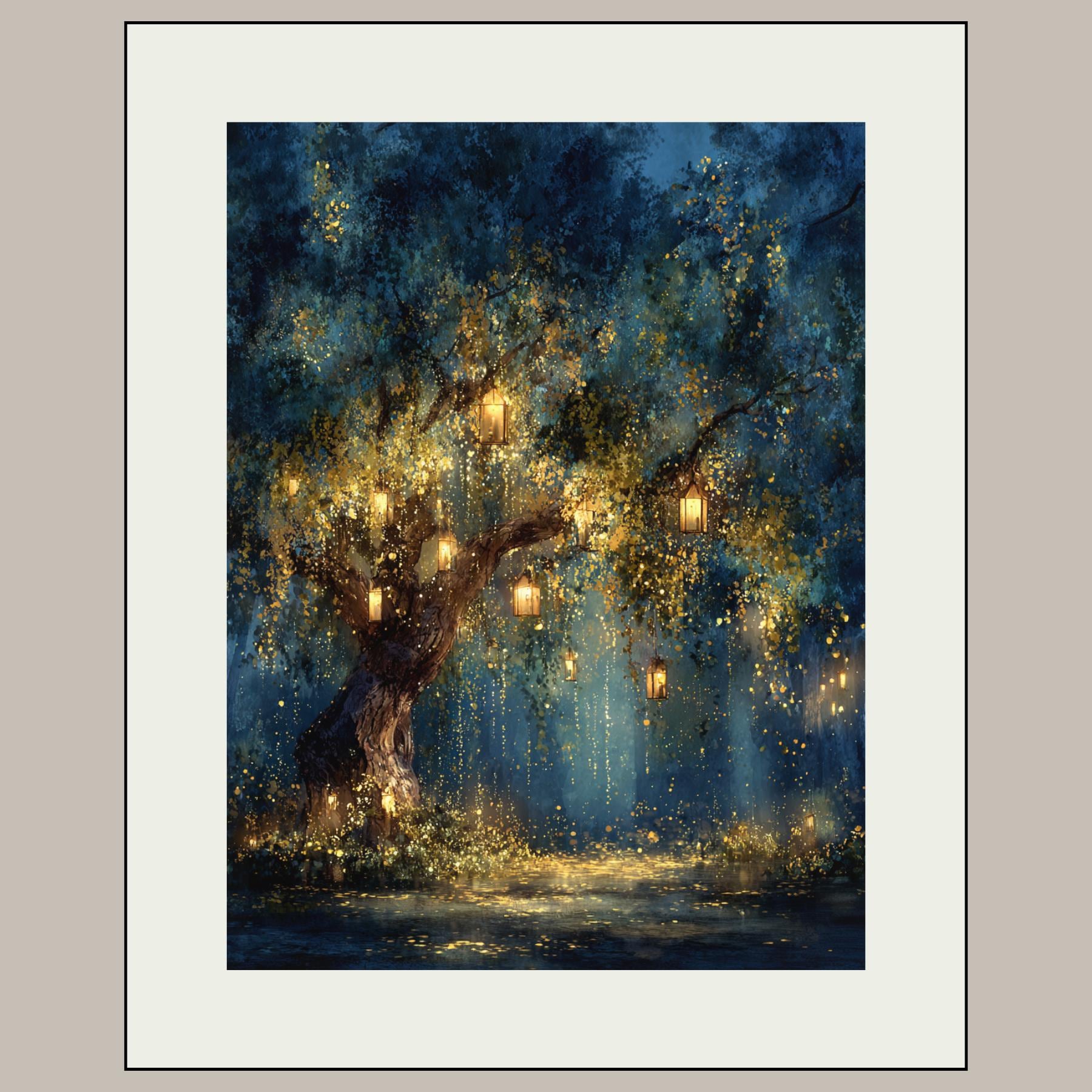 Firefly Lantern Tree Art Print Blue Sky Woodland at Night Magical Fairy Lights Painting,