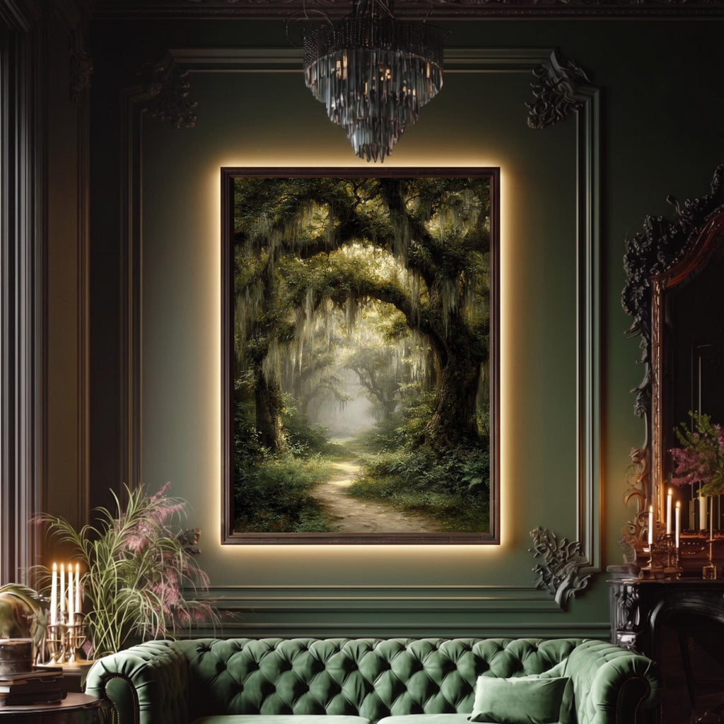 Enchanted Oak Forest Wall Art, Gothic Woodland Path Print, Dark Academia Tree Decor