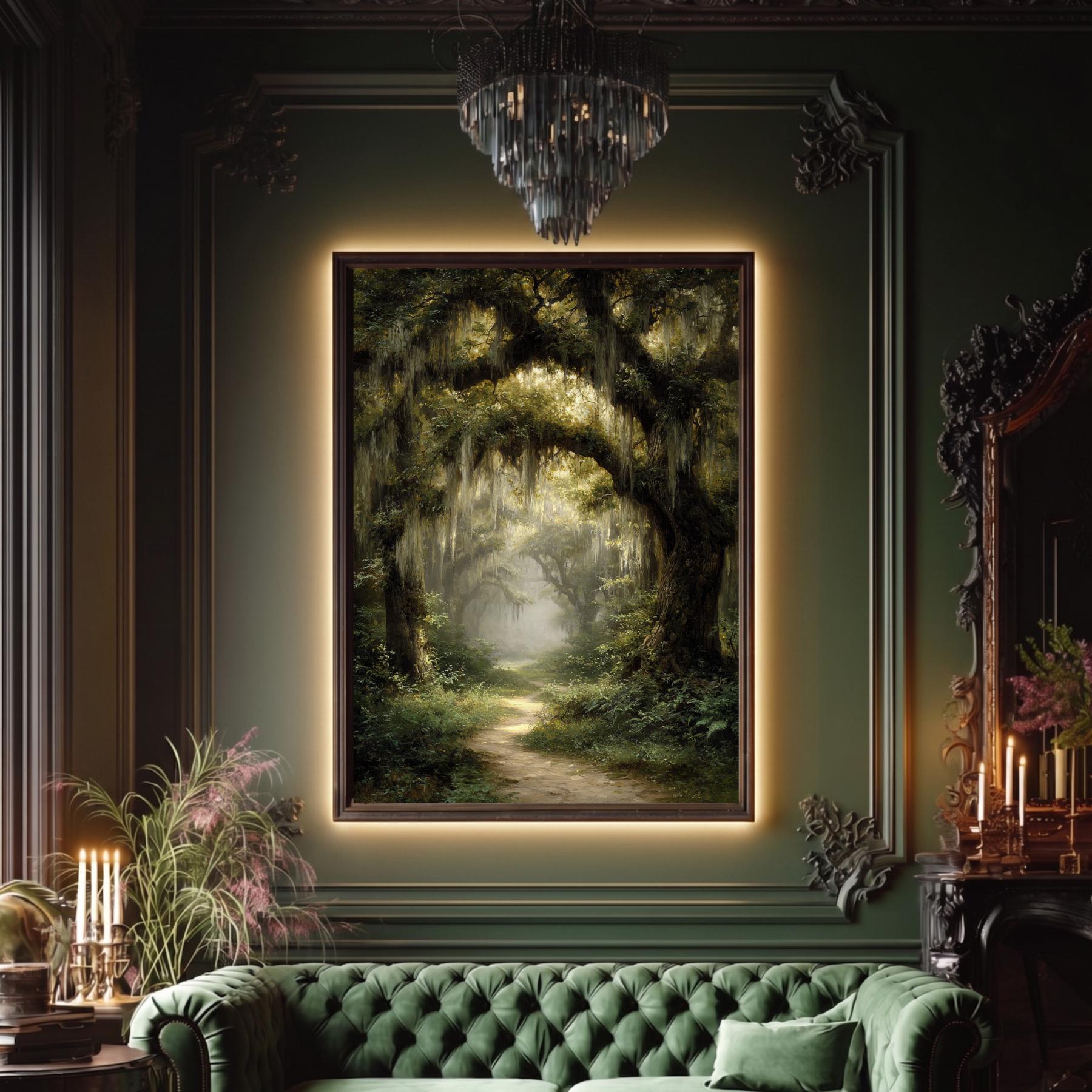 Enchanted Oak Forest Wall Art, Gothic Woodland Path Print, Dark Academia Tree Decor