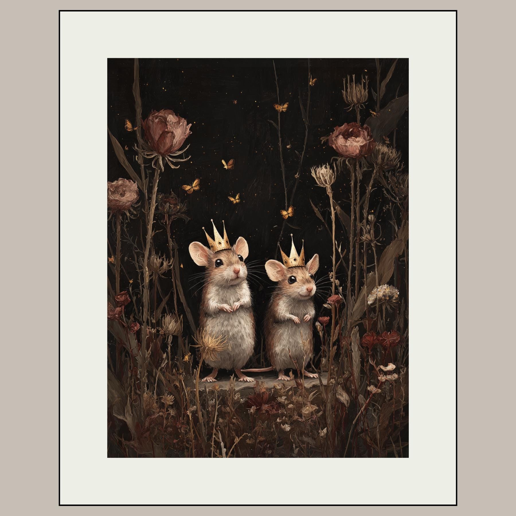 Whimsical Mouse Wall Art Print, Crowned Mice Painting, Fieldmouse Wearing Crowns Woodland Decor Artwork