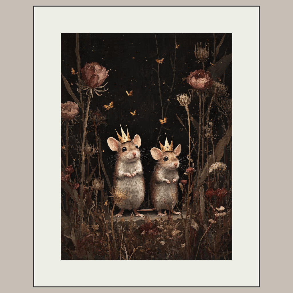 Whimsical Mouse Wall Art Print, Crowned Mice Painting, Fieldmouse Wearing Crowns Woodland Decor Artwork