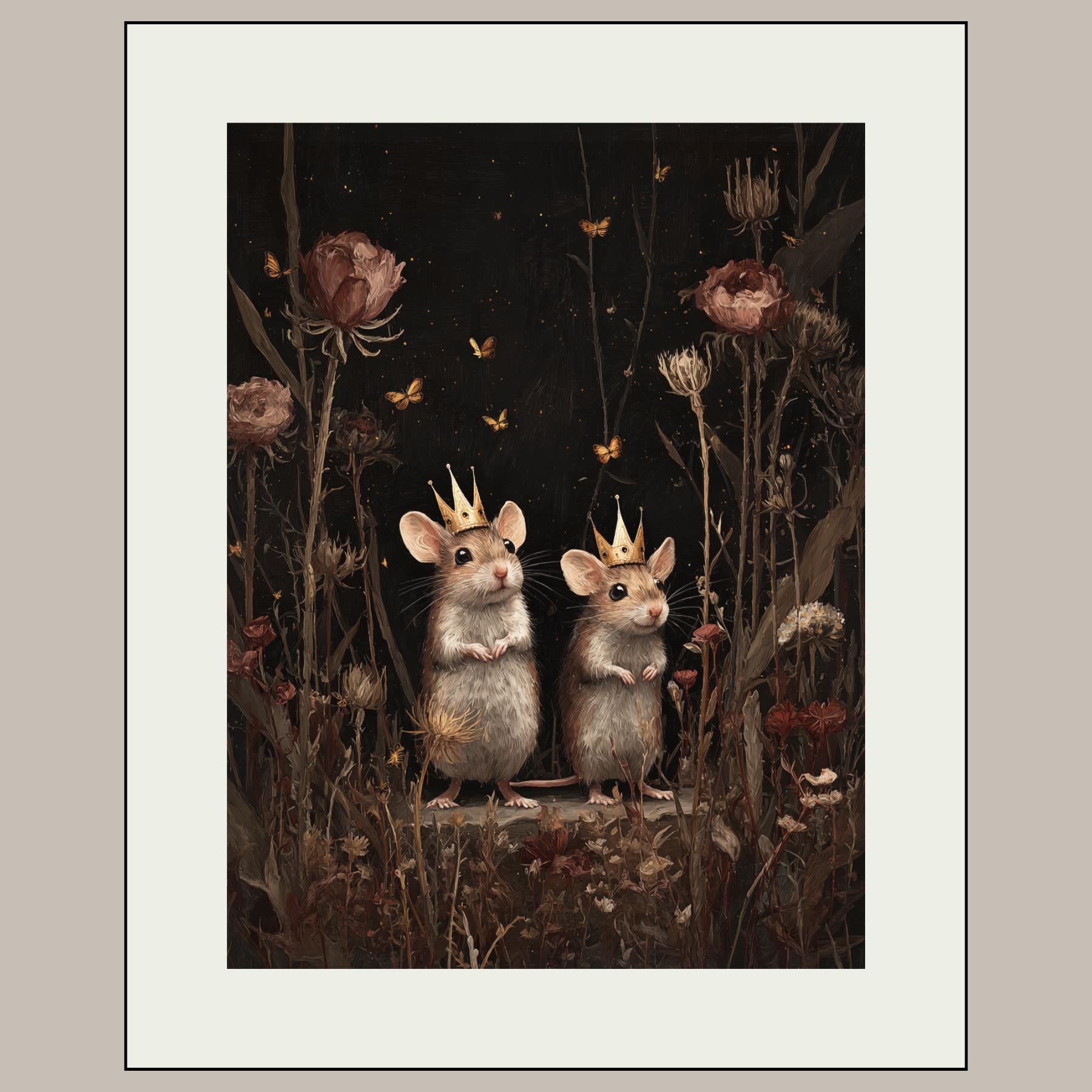 Whimsical Mouse Wall Art Print, Crowned Mice Painting, Fieldmouse Wearing Crowns Woodland Decor Artwork