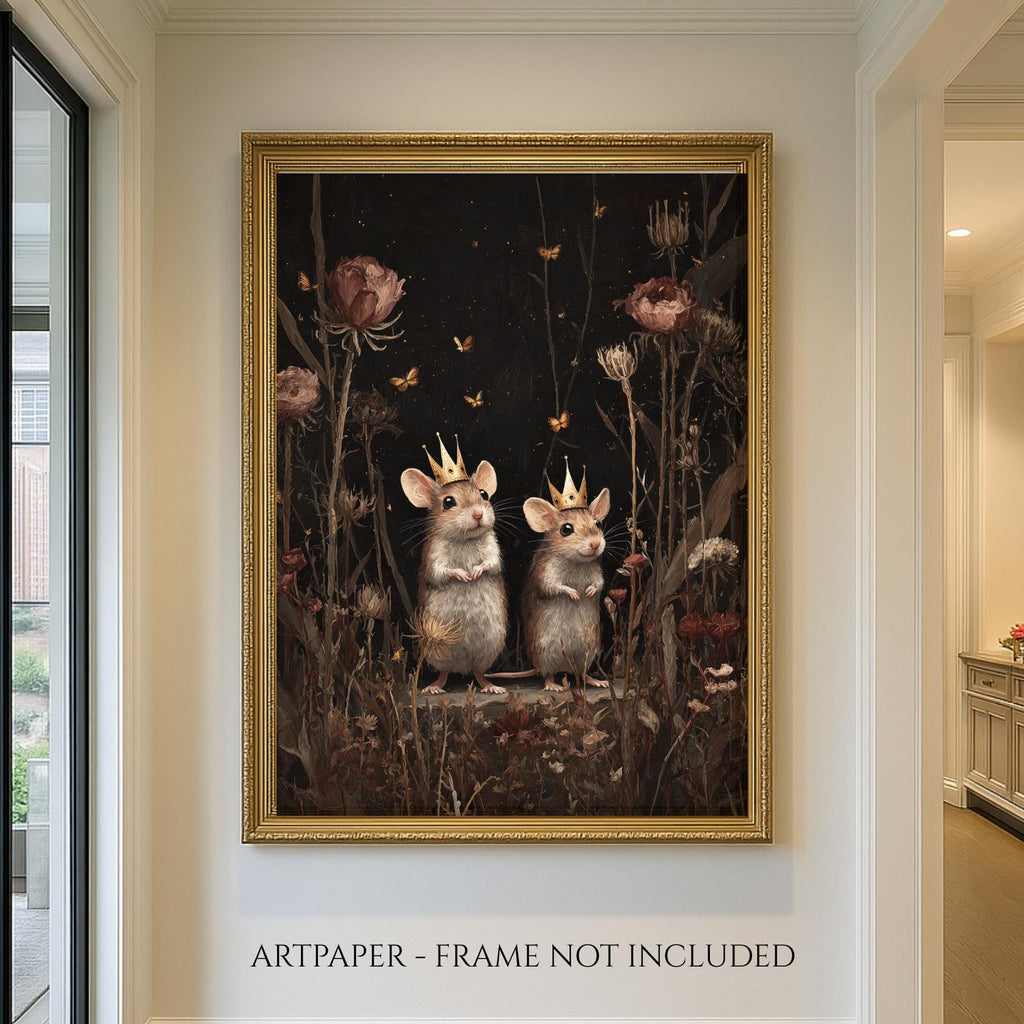 Whimsical Mouse Wall Art Print, Crowned Mice Painting, Fieldmouse Wearing Crowns Woodland Decor Artwork