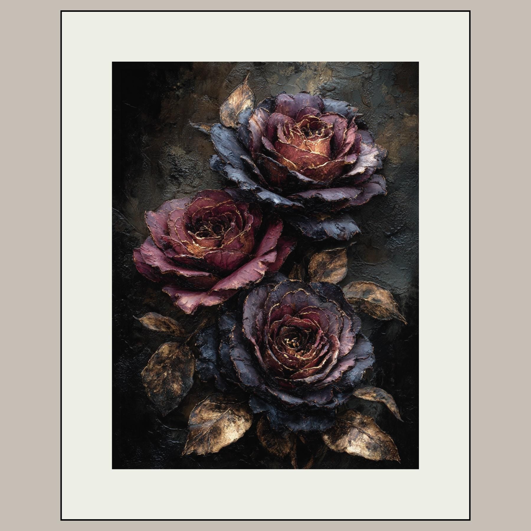 Dark Rose Wall Art, Gothic Floral Print, Moody Vintage Black and Gold Roses Decor Secondary image