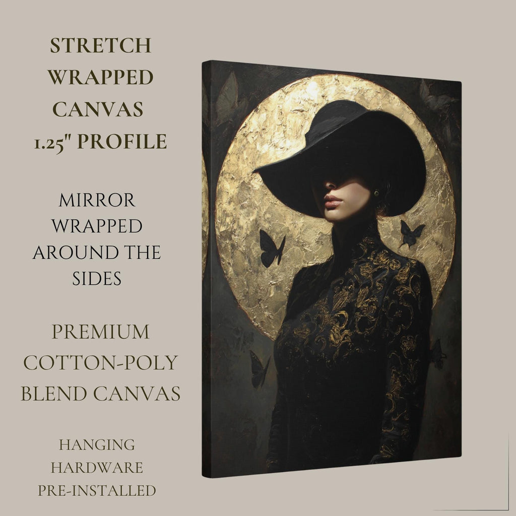Woman in Black Hat Wall Art Print, Golden Moon and Butterflies, Moody Artwork Painting
