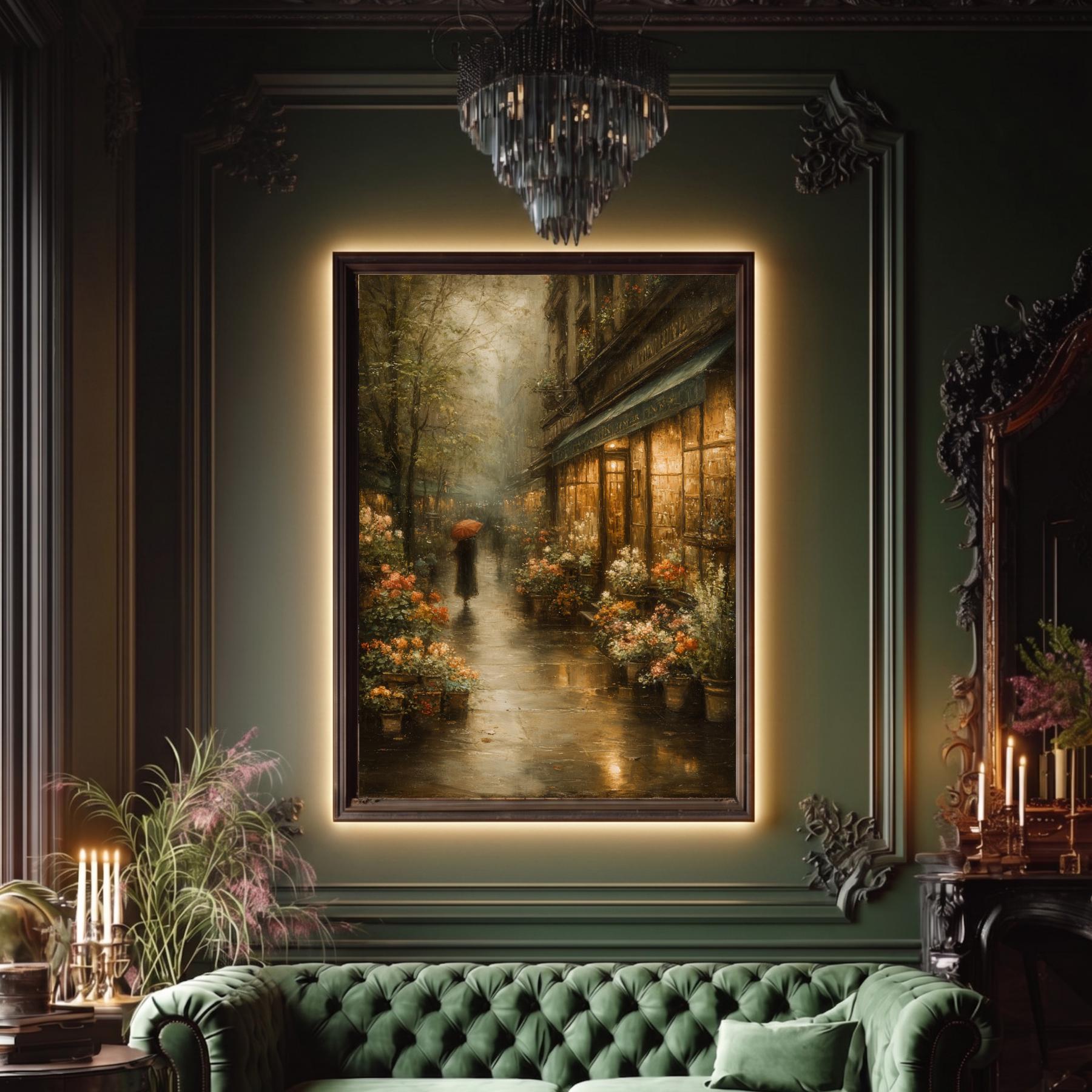 Vintage Flower Shop Rainy Street Print Paris Florist Store Wall Art Romantic European Decor Secondary image