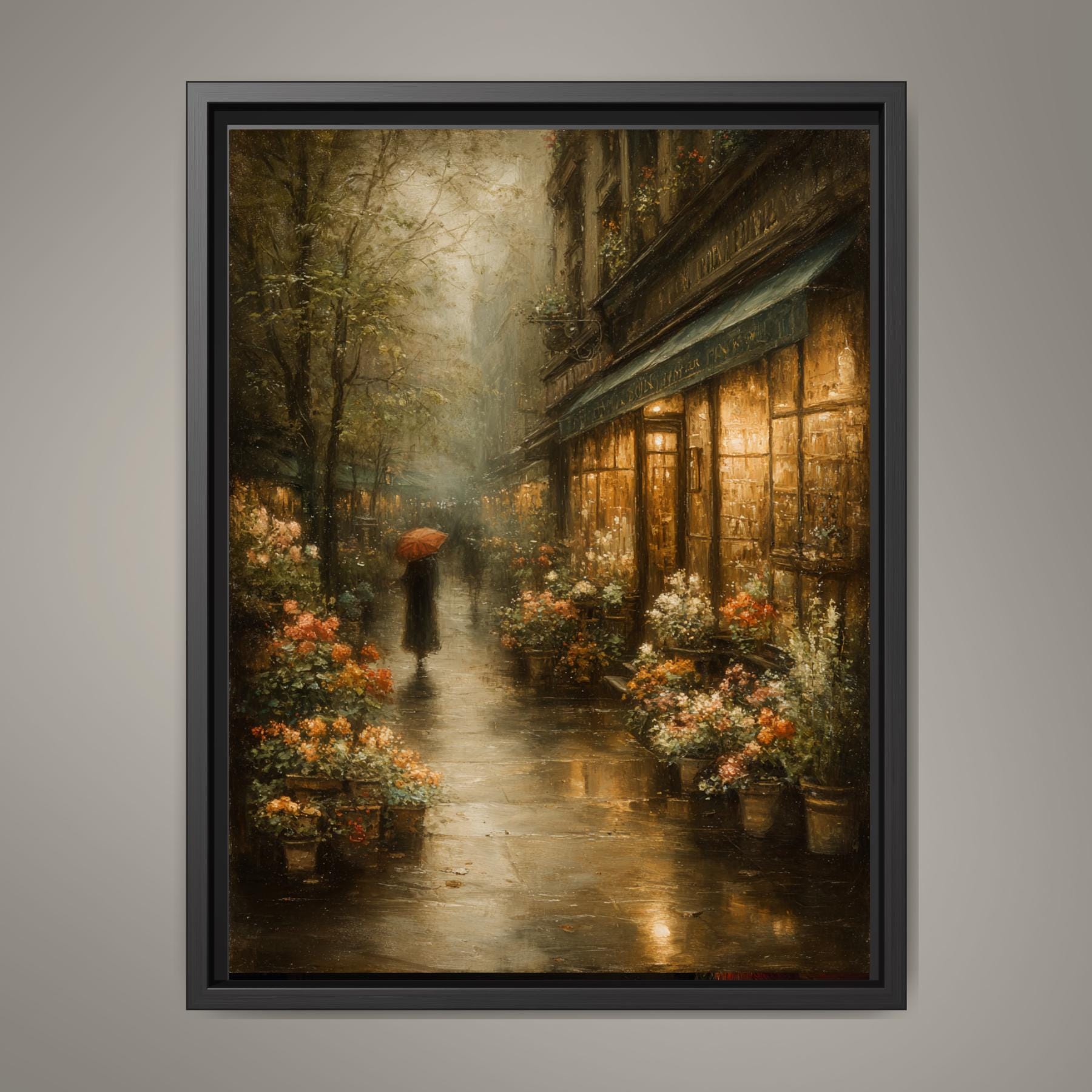 Vintage Flower Shop Rainy Street Print Paris Florist Store Wall Art Romantic European Decor Main image