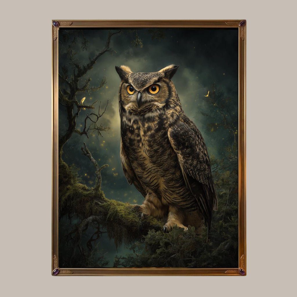 Owl Wall Art Print, Forest Bird of Prey Decor, Moody Woodland Nature Artwork