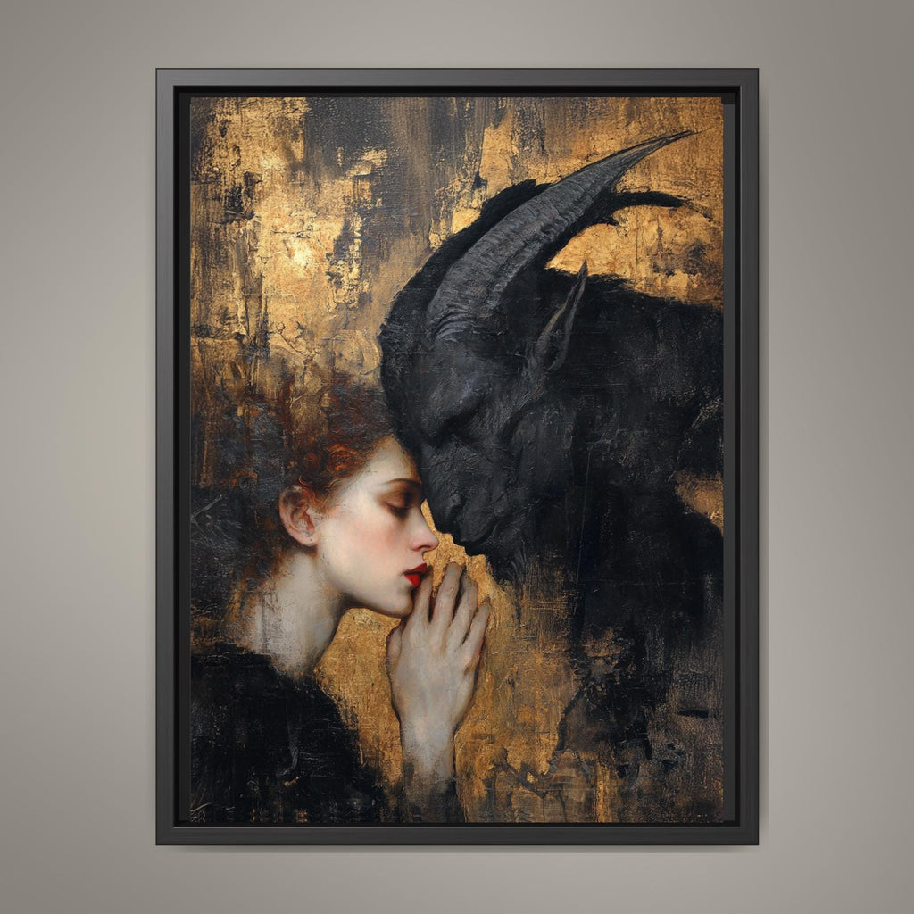 Woman and Devil Wall Art, Romantic Couple Gothic Print, Gold Surreal Artwork