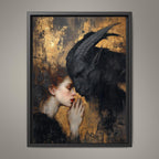 Woman and Devil Wall Art, Romantic Couple Gothic Print, Gold Surreal Artwork