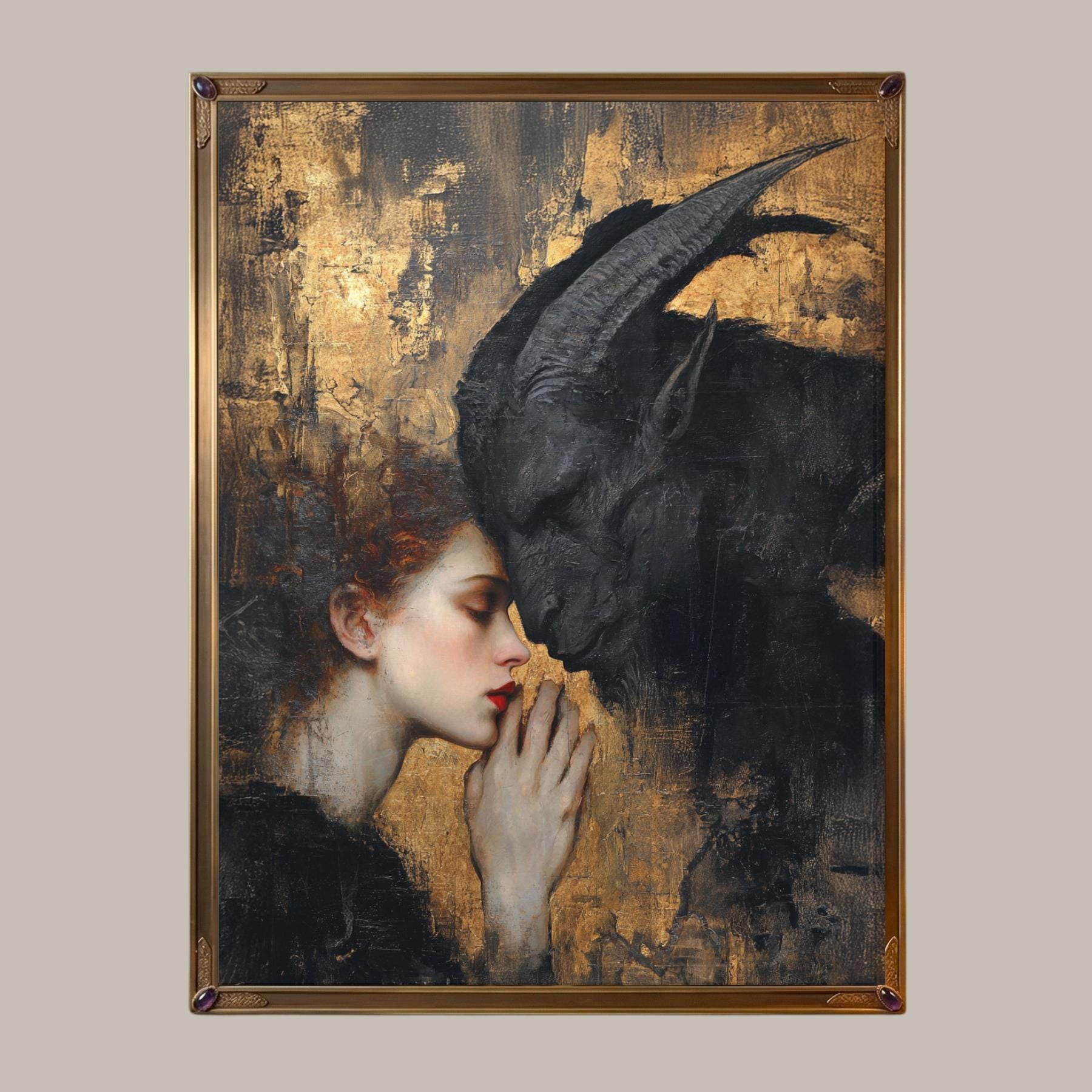 Woman and Devil Wall Art, Romantic Couple Gothic Print, Gold Surreal Artwork Main image