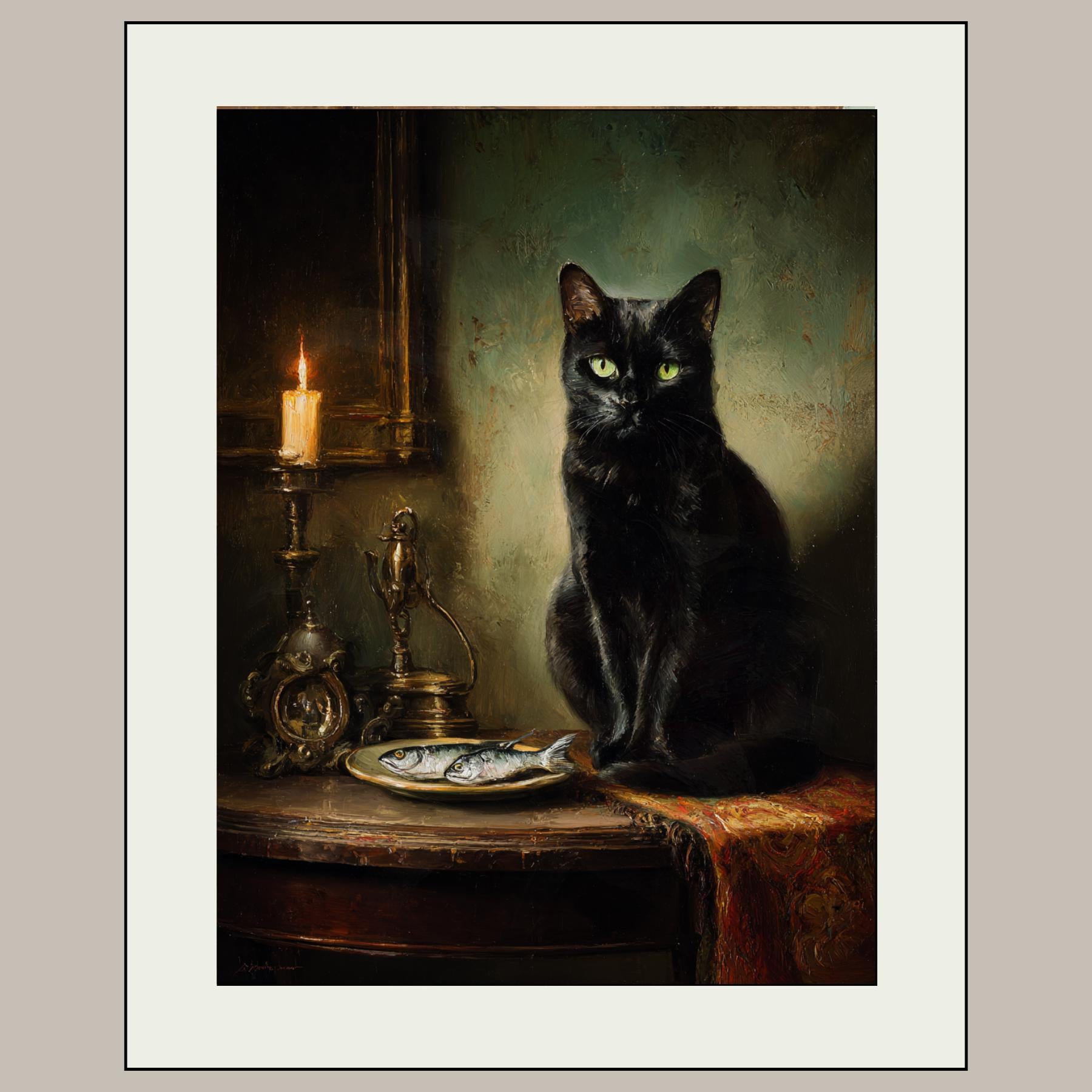 Black Cat with Fish Wall Art Print, Vintage Witchy Painting, Animal Lover Gift