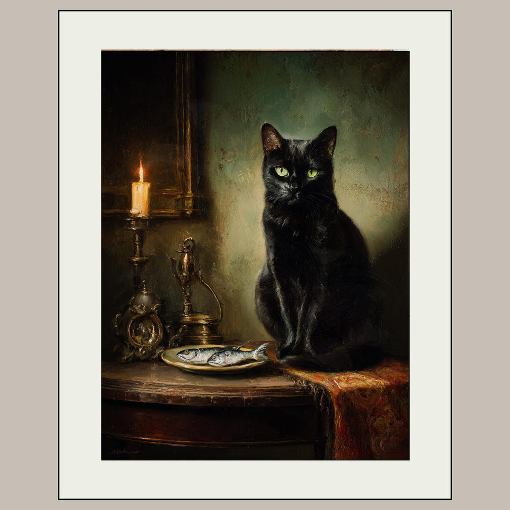 Black Cat with Fish Wall Art Print, Vintage Witchy Painting, Animal Lover Gift