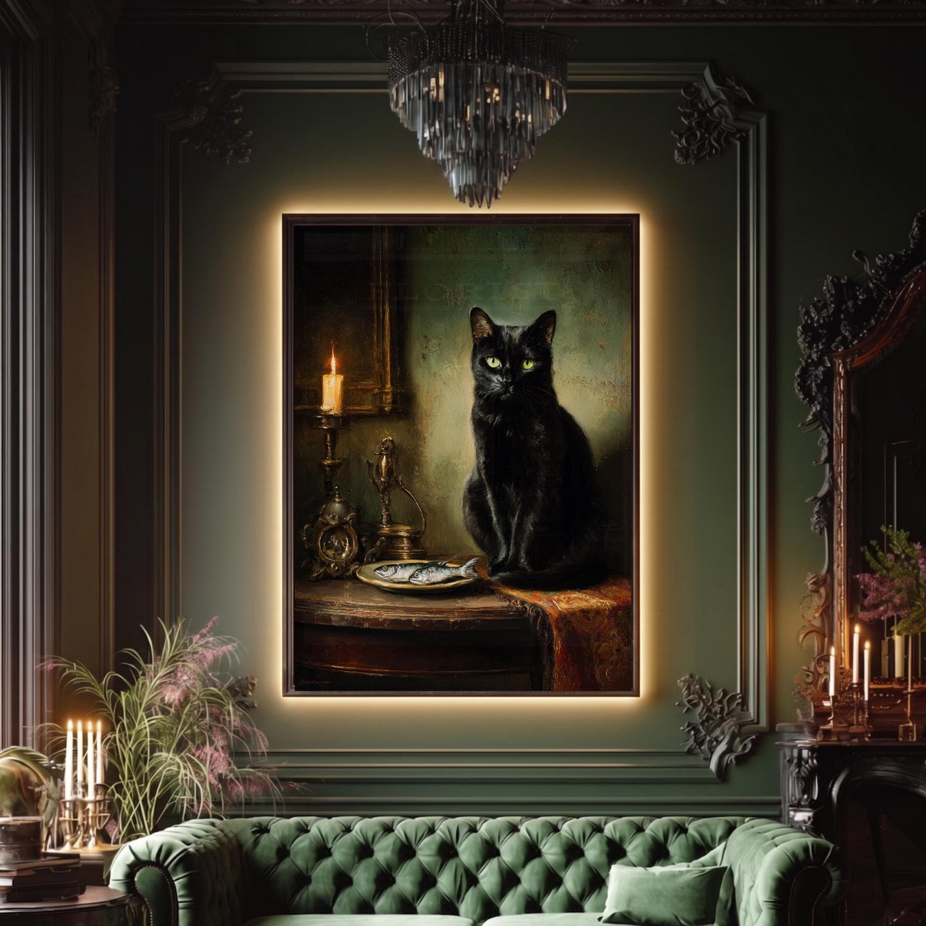 Black Cat with Fish Wall Art Print, Vintage Witchy Painting, Animal Lover Gift Secondary image