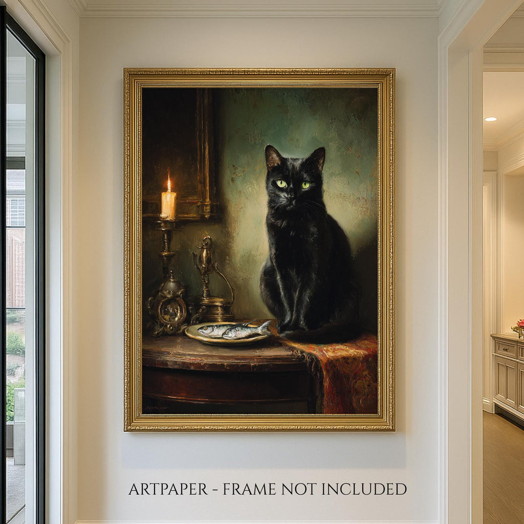 Black Cat with Fish Wall Art Print, Vintage Witchy Painting, Animal Lover Gift
