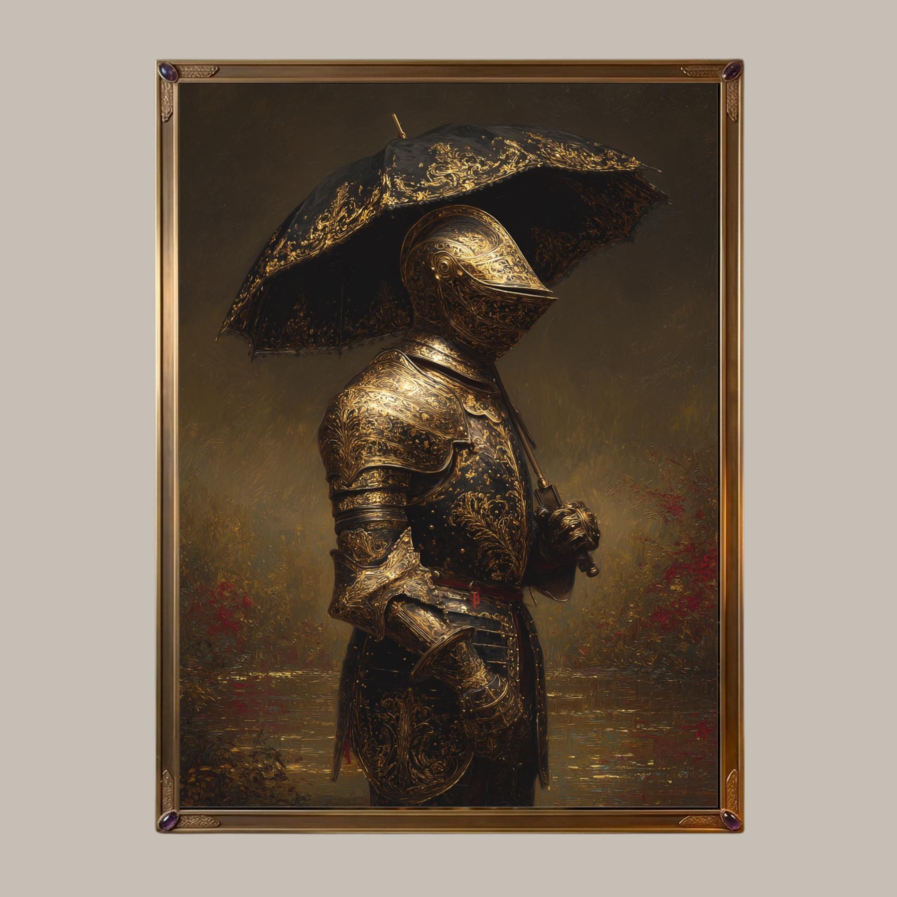 Dark Knight with Umbrella Wall Art Print, Medieval Armour Portrait, Moody Fantasy Decor Secondary image