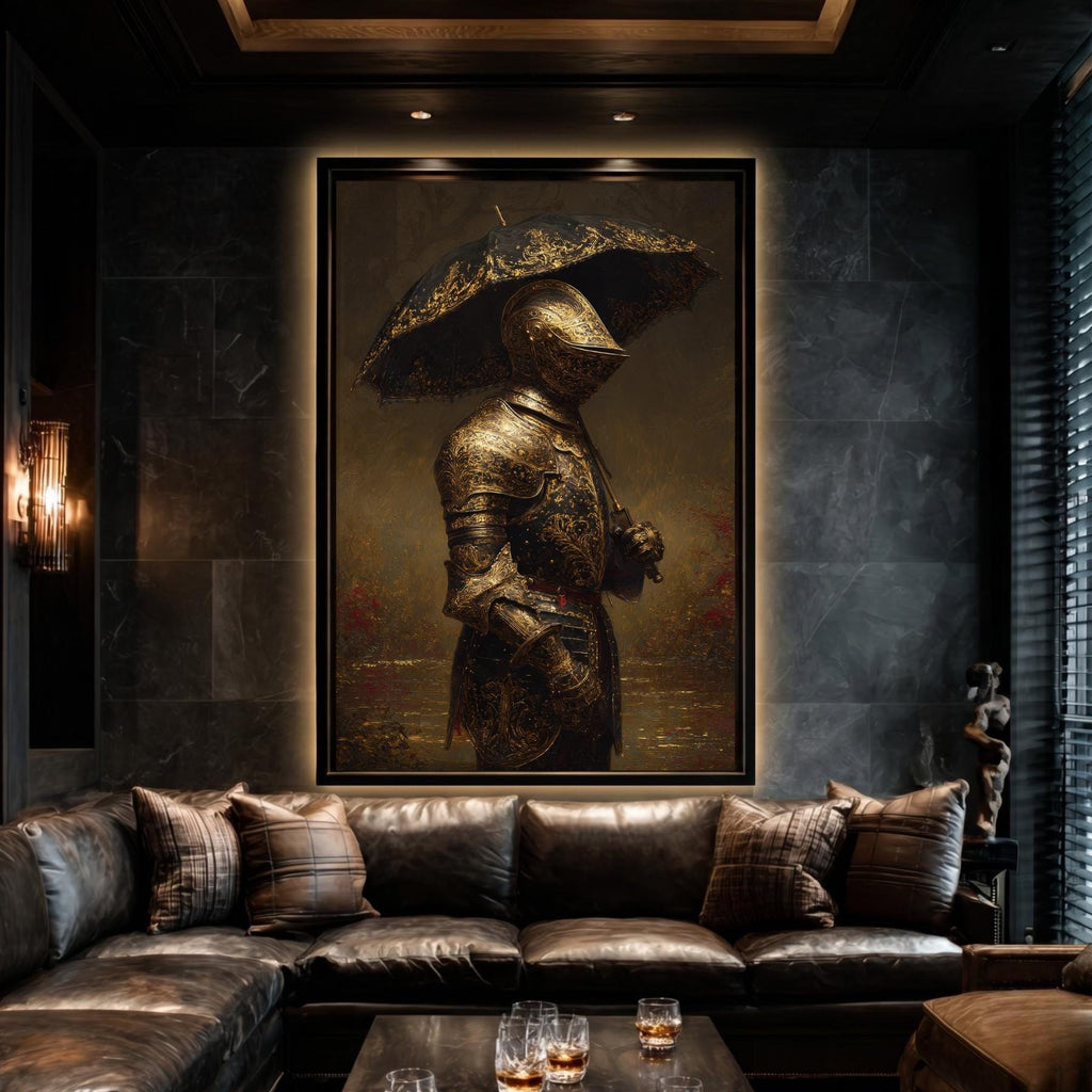 Dark Knight with Umbrella Wall Art Print, Medieval Armour Portrait, Moody Fantasy Decor