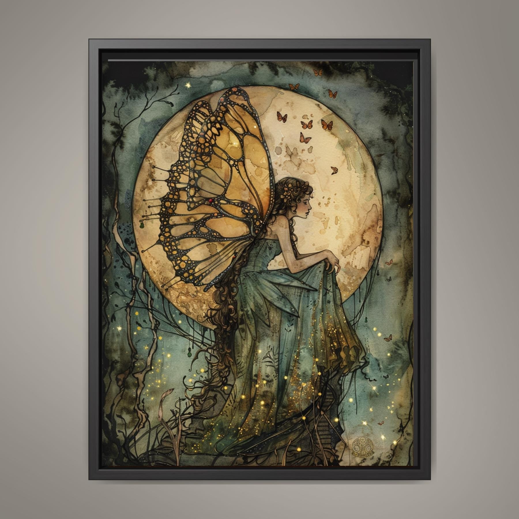 Green Dress Fairy Wall Art Moonlit Fantasy Print Gold Butterflies Dark Academia Fae Decor Main image