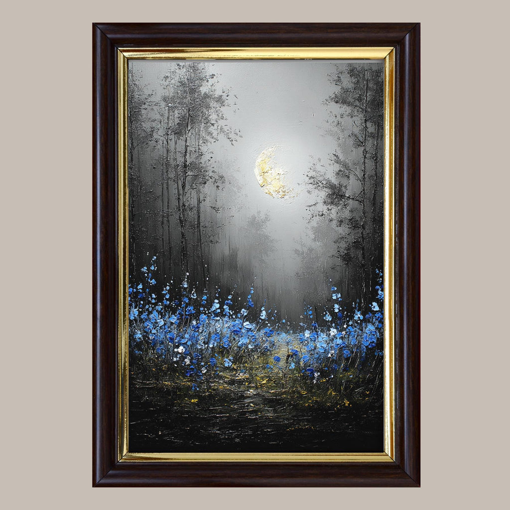 Moonlit Forest Wall Art Print, Bluebells Wildflower Landscape, Silhouette Trees Woodland Decor