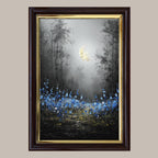 Moonlit Forest Wall Art Print, Bluebells Wildflower Landscape, Silhouette Trees Woodland Decor