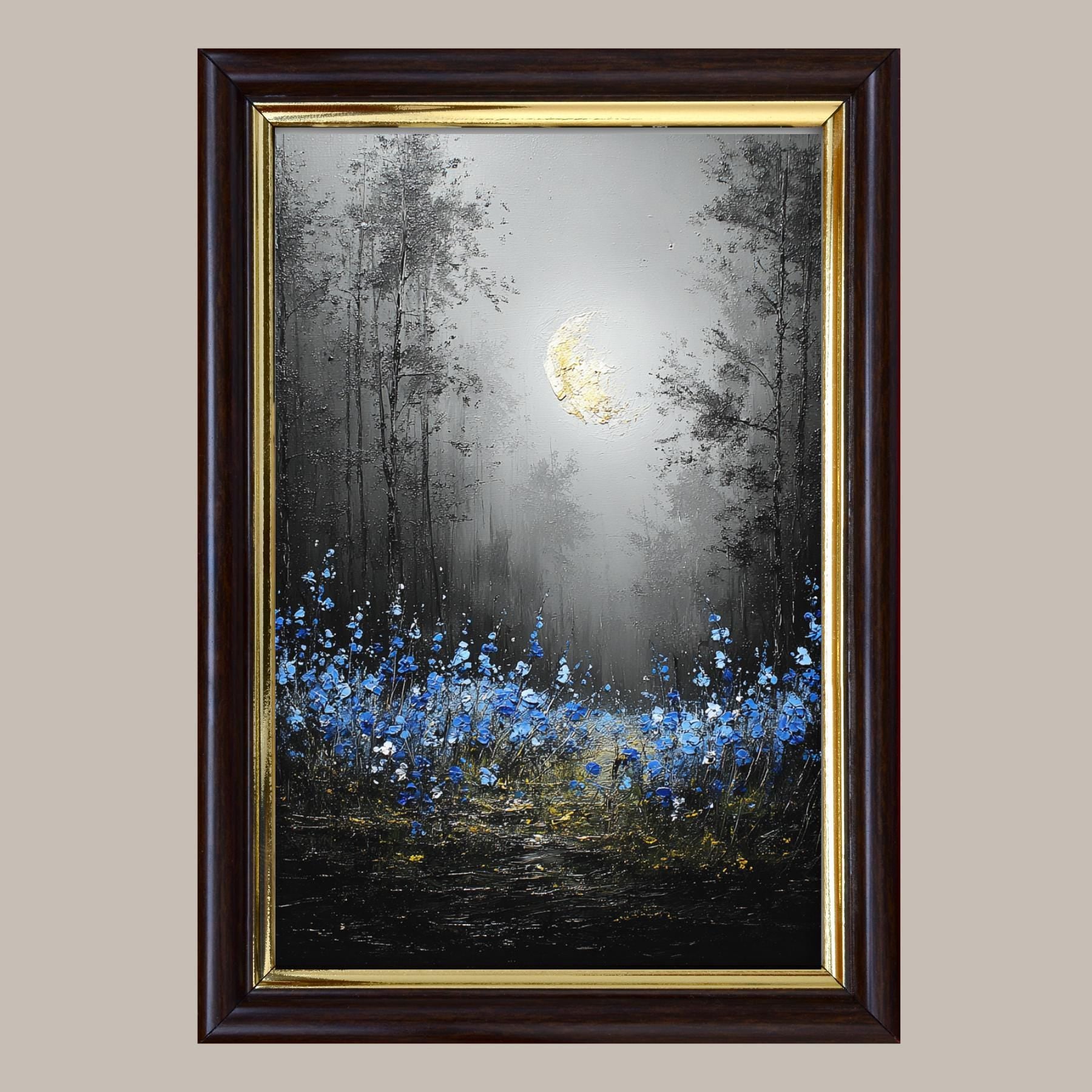 Moonlit Forest Wall Art Print, Bluebells Wildflower Landscape, Silhouette Trees Woodland Decor