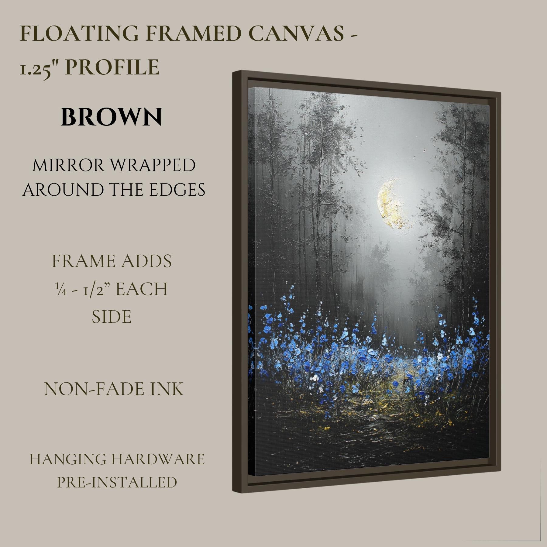 Moonlit Forest Wall Art Print, Bluebells Wildflower Landscape, Silhouette Trees Woodland Decor