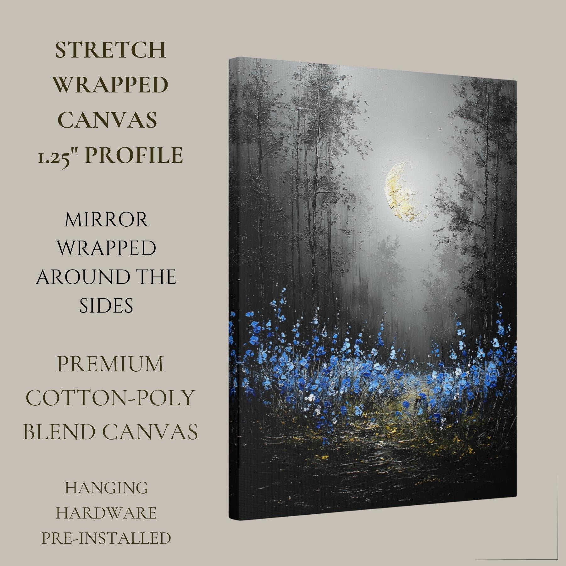 Moonlit Forest Wall Art Print, Bluebells Wildflower Landscape, Silhouette Trees Woodland Decor