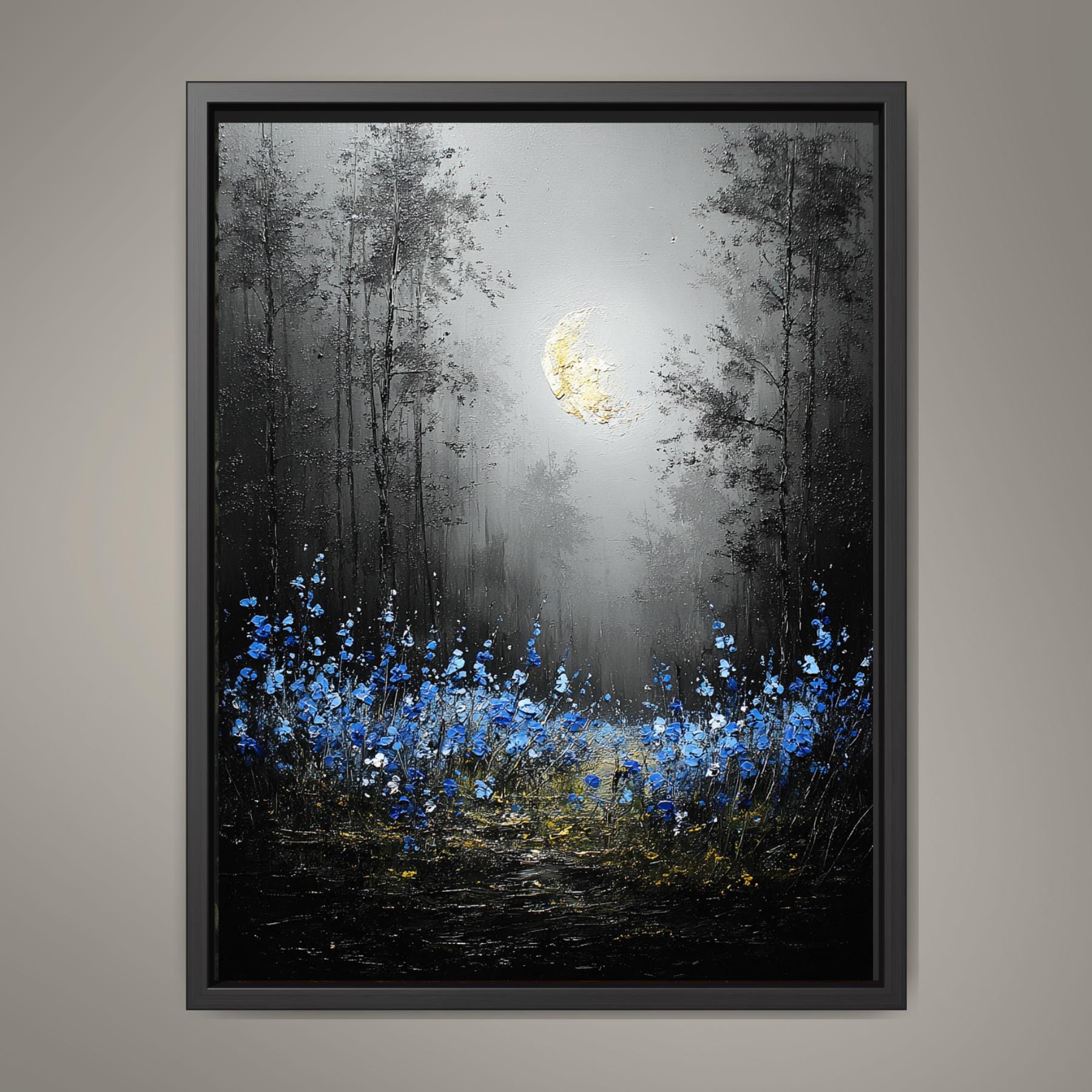 Moonlit Forest Wall Art Print, Bluebells Wildflower Landscape, Silhouette Trees Woodland Decor Main image