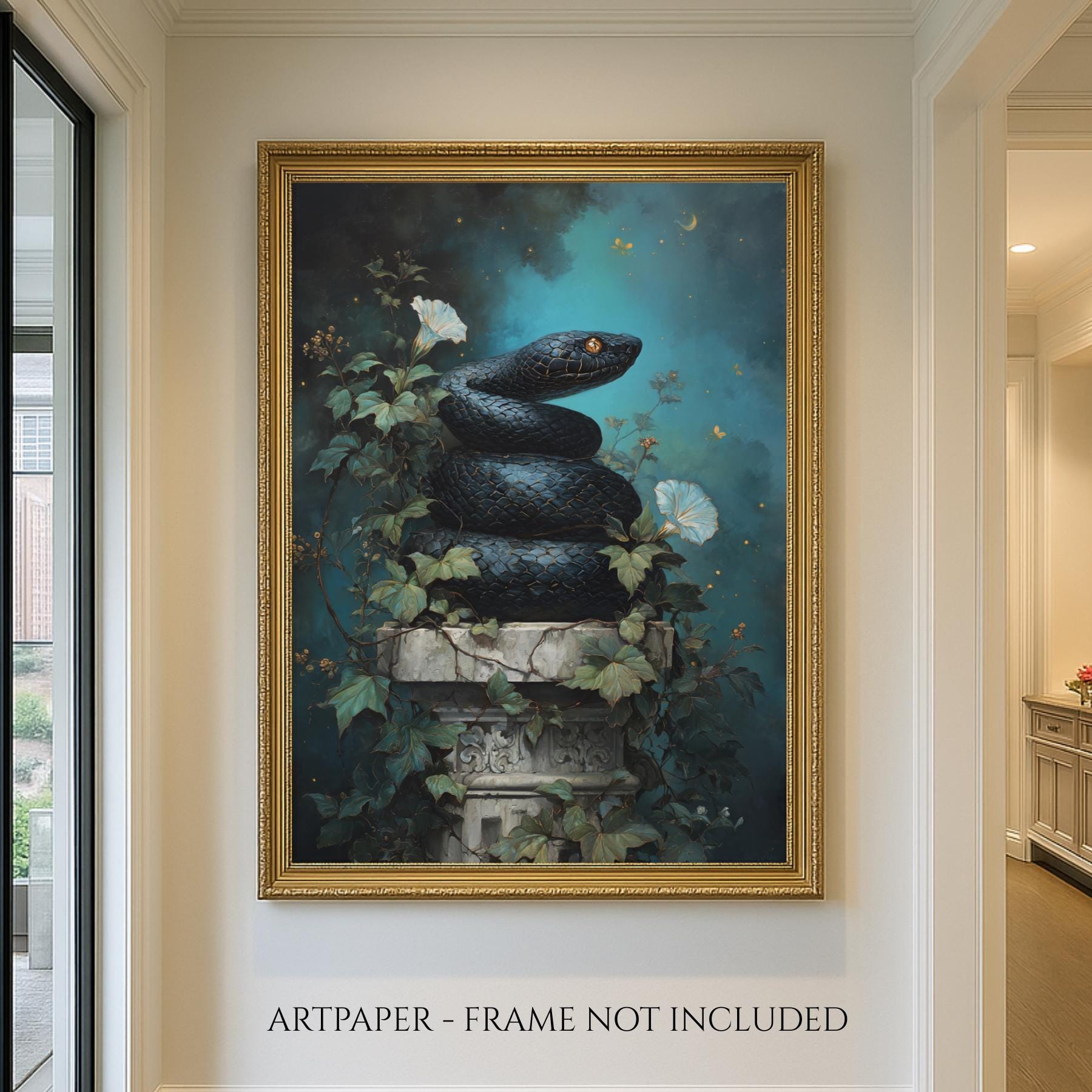 Black Snake Coiled on Pedestal Wall Art Print, Reptile Botanical Decor, Serpent Painting