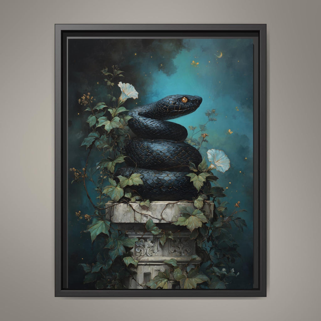Black Snake Coiled on Pedestal Wall Art Print, Reptile Botanical Decor, Serpent Painting
