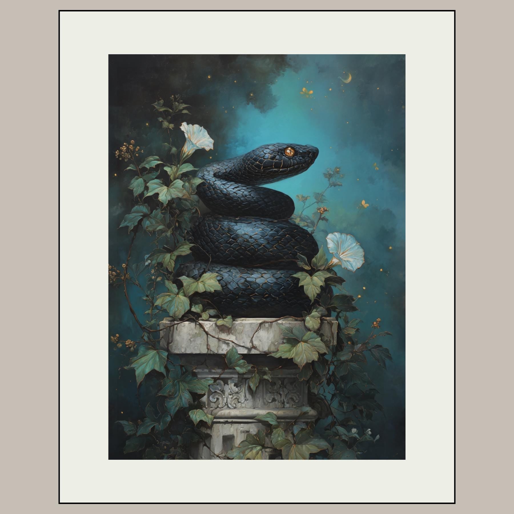 Black Snake Coiled on Pedestal Wall Art Print, Reptile Botanical Decor, Serpent Painting Secondary image