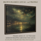 Harbour Seascape Wall Art Print, Dark Coastal Nighttime Landscape, Gold Night Sky Decor