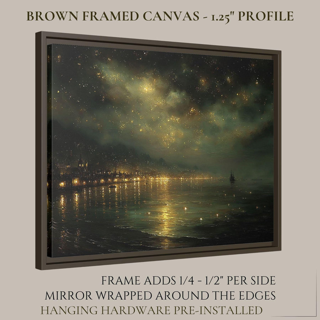 Harbour Seascape Wall Art Print, Dark Coastal Nighttime Landscape, Gold Night Sky Decor