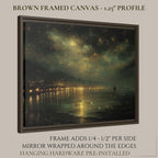 Harbour Seascape Wall Art Print, Dark Coastal Nighttime Landscape, Gold Night Sky Decor