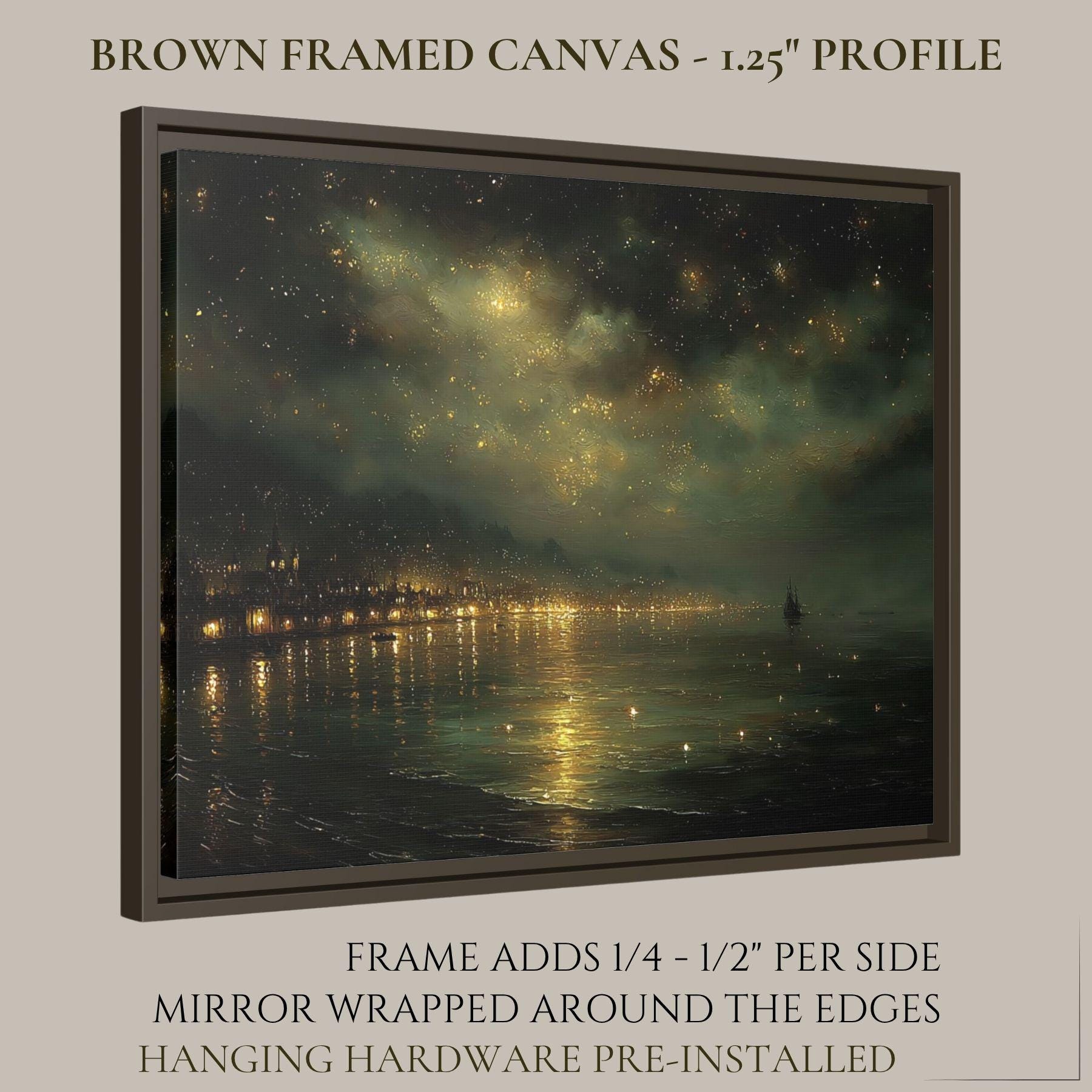 Harbour Seascape Wall Art Print, Dark Coastal Nighttime Landscape, Gold Night Sky Decor
