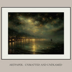 Harbour Seascape Wall Art Print, Dark Coastal Nighttime Landscape, Gold Night Sky Decor