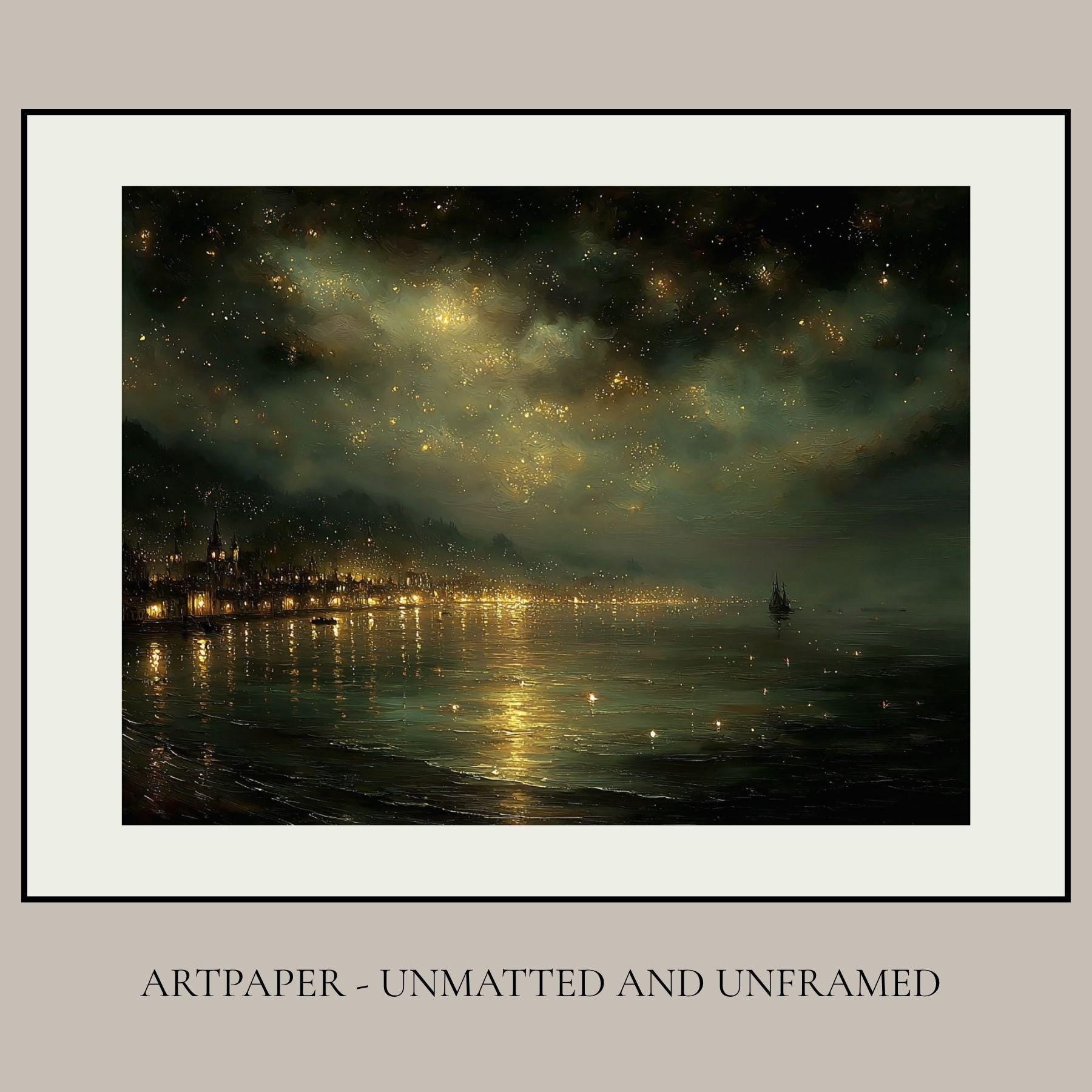 Harbour Seascape Wall Art Print, Dark Coastal Nighttime Landscape, Gold Night Sky Decor