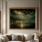 Harbour Seascape Wall Art Print, Dark Coastal Nighttime Landscape, Gold Night Sky Decor