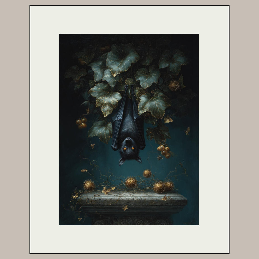 Hanging Black Bat Gold Leaves Wall Art Print, Moody Animal Forest Painting