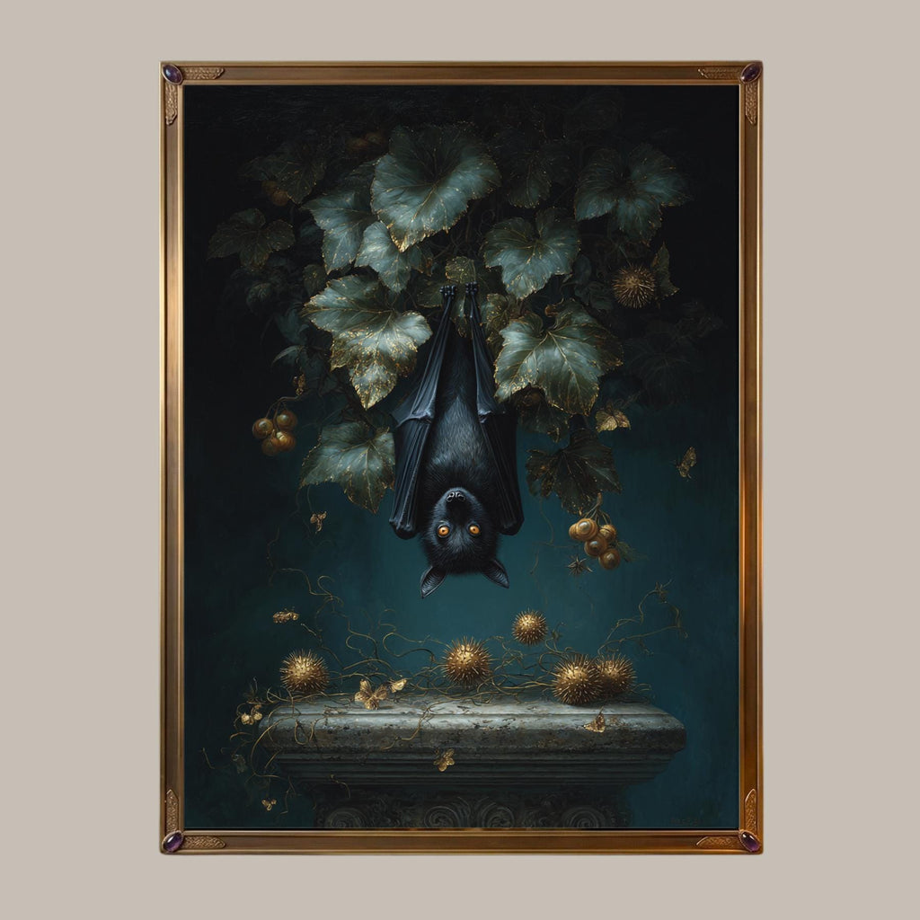 Hanging Black Bat Gold Leaves Wall Art Print, Moody Animal Forest Painting