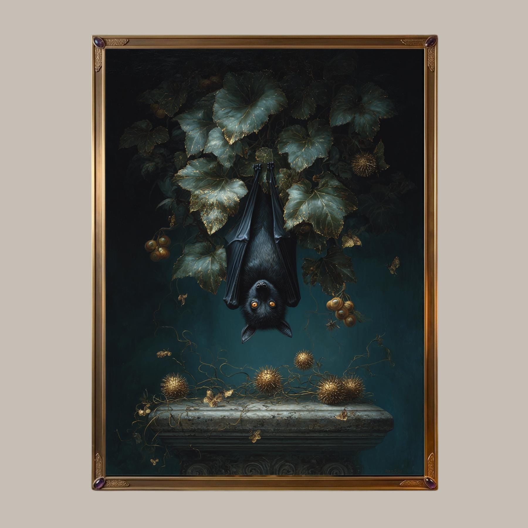 Hanging Black Bat Gold Leaves Wall Art Print, Moody Animal Forest Painting