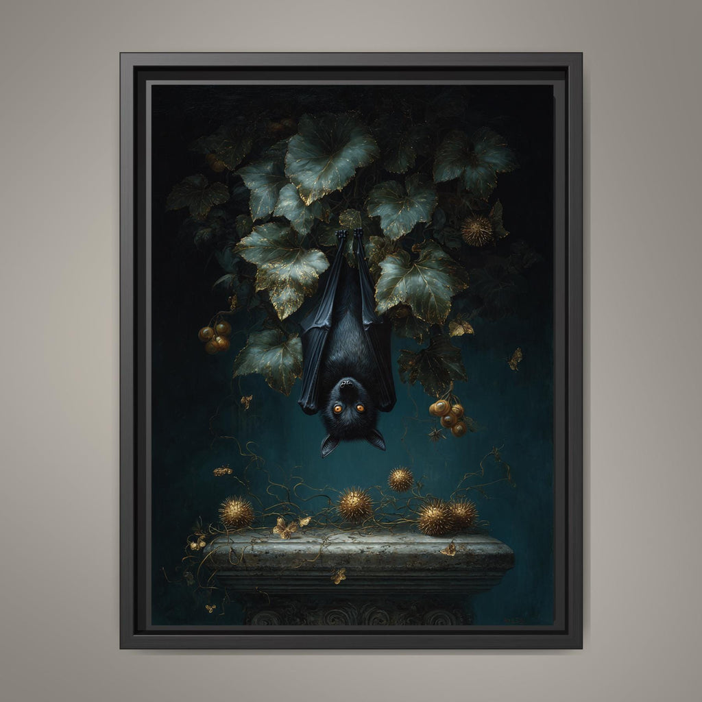 Hanging Black Bat Gold Leaves Wall Art Print, Moody Animal Forest Painting
