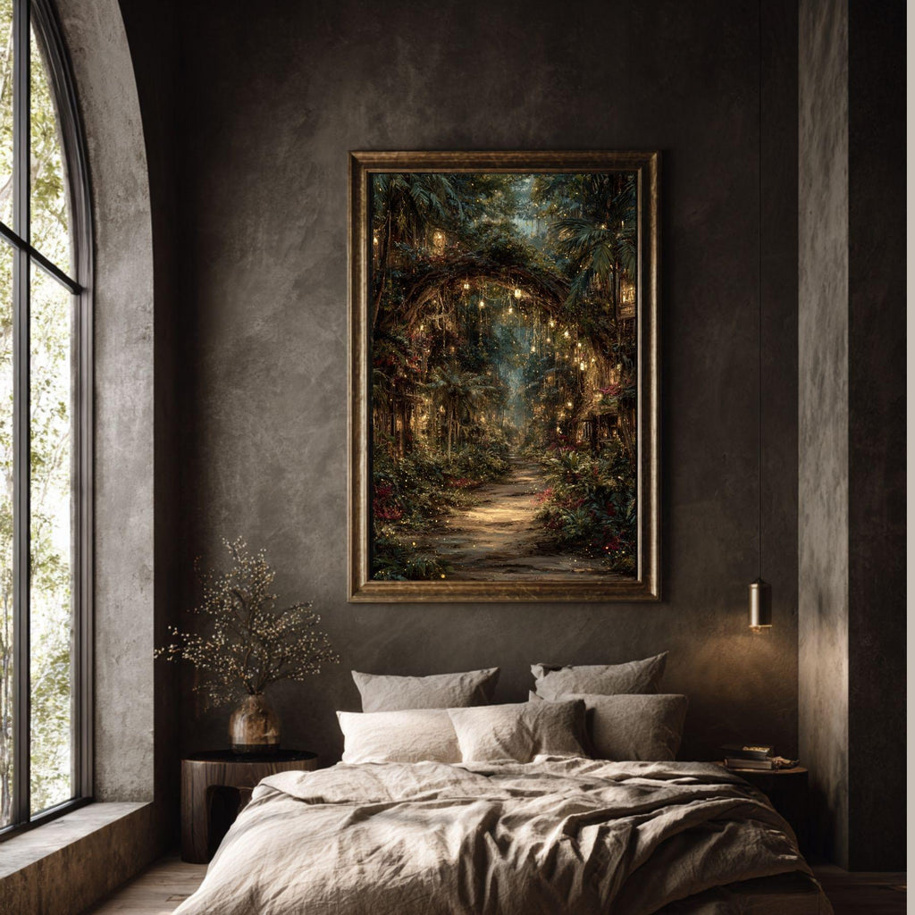 Enchanted Jungle Forest Path Wall Art Print Hanging Lanterns Moody Fairytale Woodland