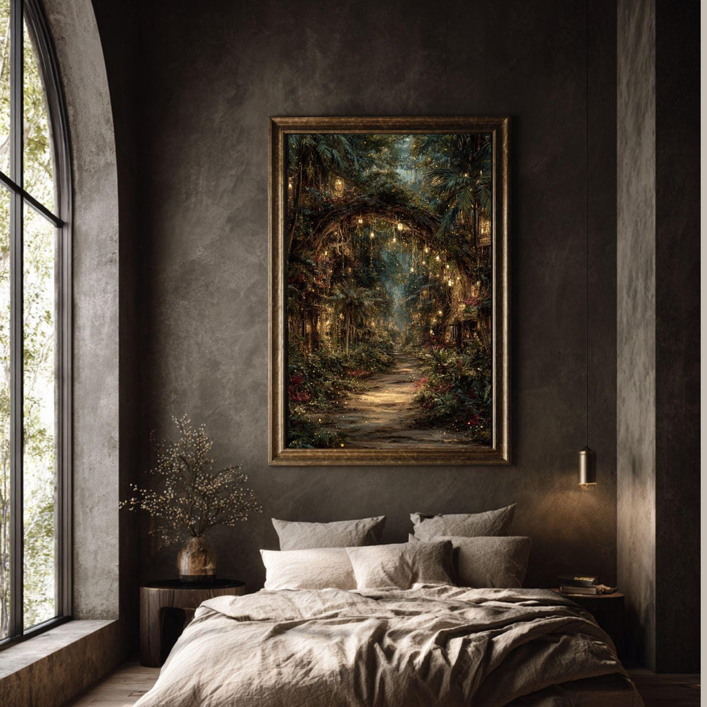 Enchanted Jungle Forest Path Wall Art Print Hanging Lanterns Moody Fairytale Woodland