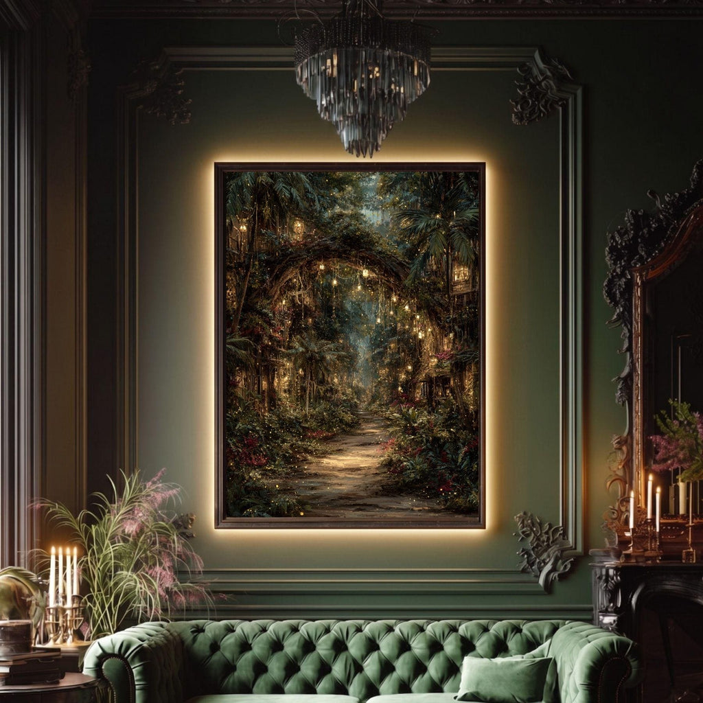 Enchanted Jungle Forest Path Wall Art Print Hanging Lanterns Moody Fairytale Woodland