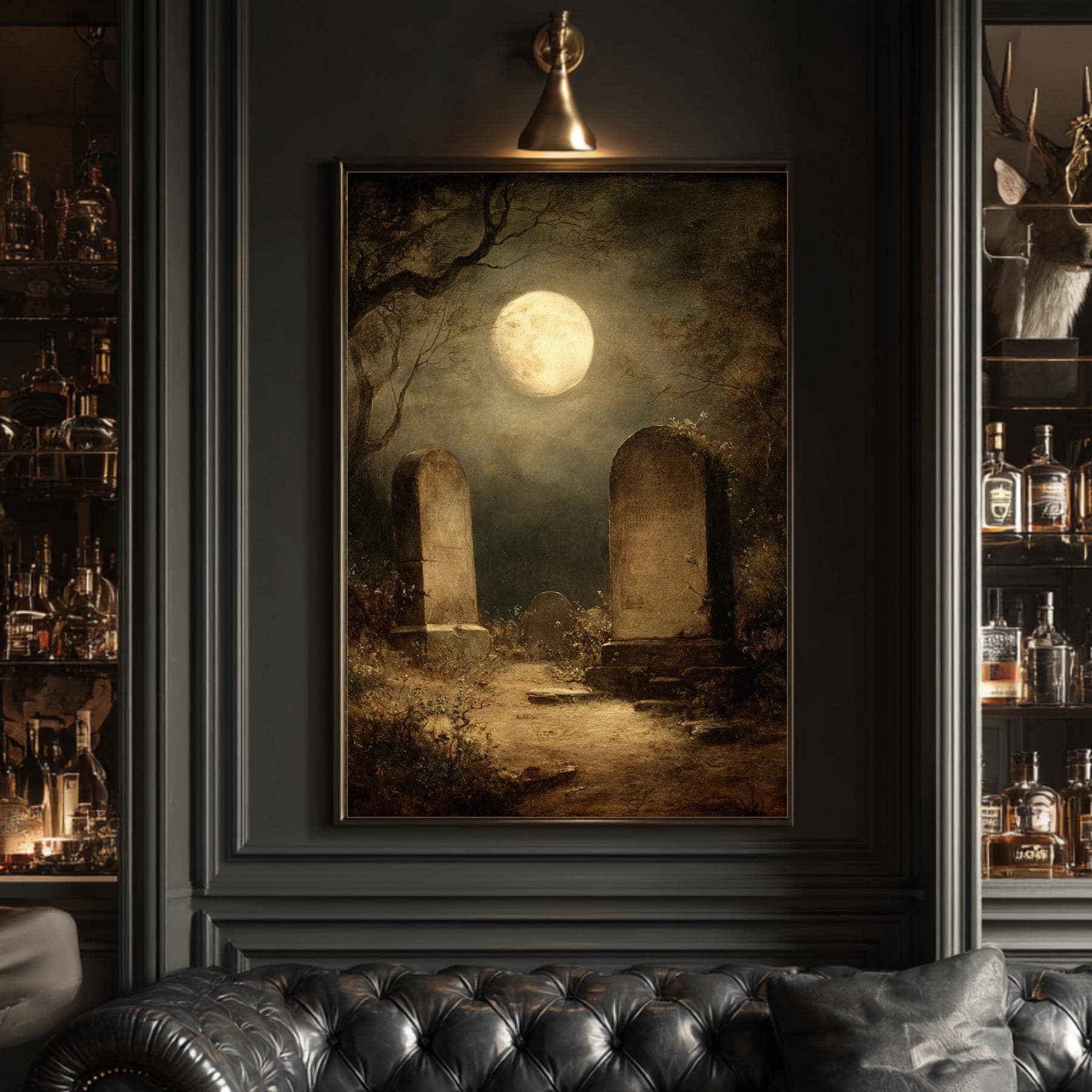 Gothic Graveyard Wall Art Print, Moonlit Cemetery Landscape, Dark Academia Tombstone Decor Artwork
