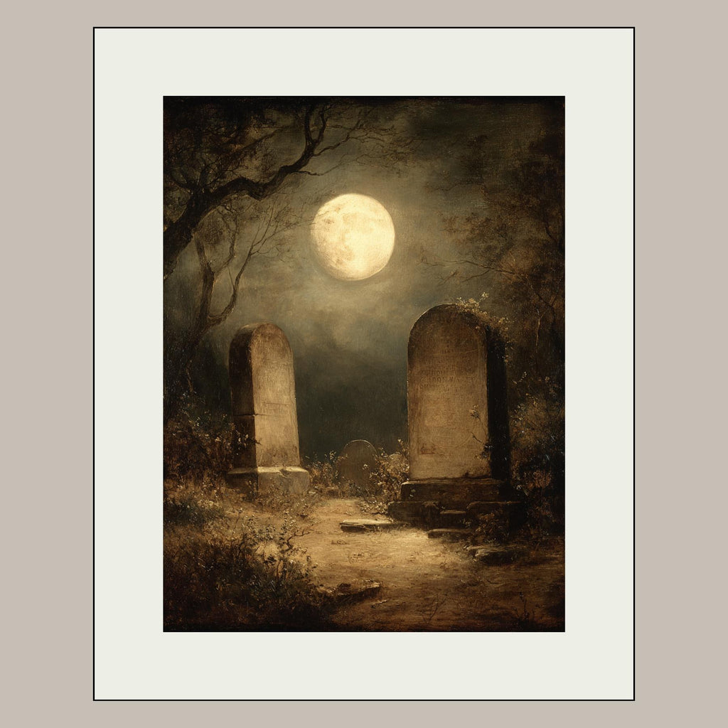 Gothic Graveyard Wall Art Print, Moonlit Cemetery Landscape, Dark Academia Tombstone Decor Artwork