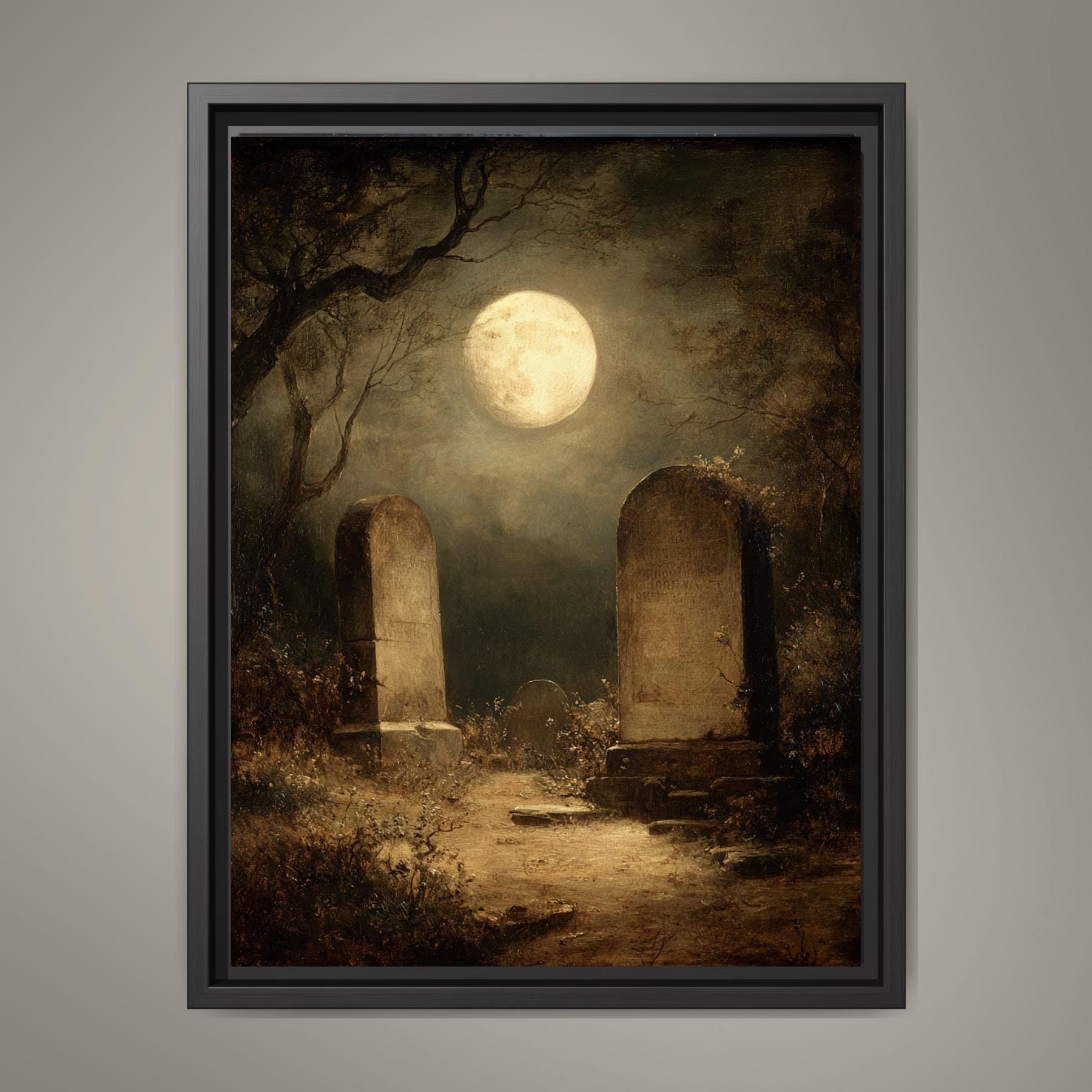 Gothic Graveyard Wall Art Print, Moonlit Cemetery Landscape, Dark Academia Tombstone Decor Artwork Main image